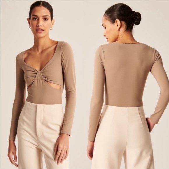 A&F Long Sleeve Double Layered Seamless Cutout Bodysuit, Color Tan Size S - Picture 1 of 16